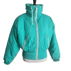 Kaelin Vintage Retro Elastic Waist Teal Zip Front High Neck Ski Snowboard Jacket
